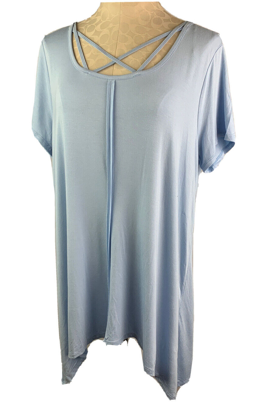 Large Terre Bleue Short Sleeve Tunic Tshirt Womens Light Blue Soft Rayon Blend